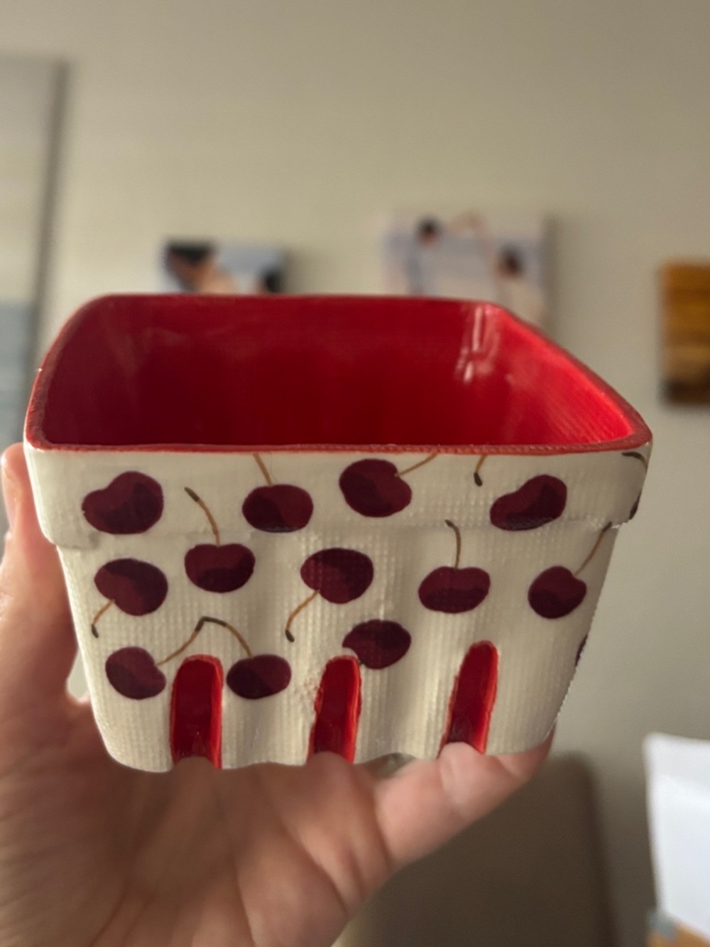 Anthropologie Fruta Stoneware Ceramic Berry Basket - Red and White cherry print